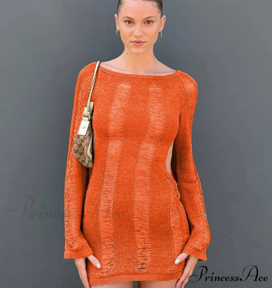 Party Out Tassel Coastal Y2K Long T Arm Hollow Club Blouse Outfits Backless Knitted Women Tee Warm-Season Top orange / S