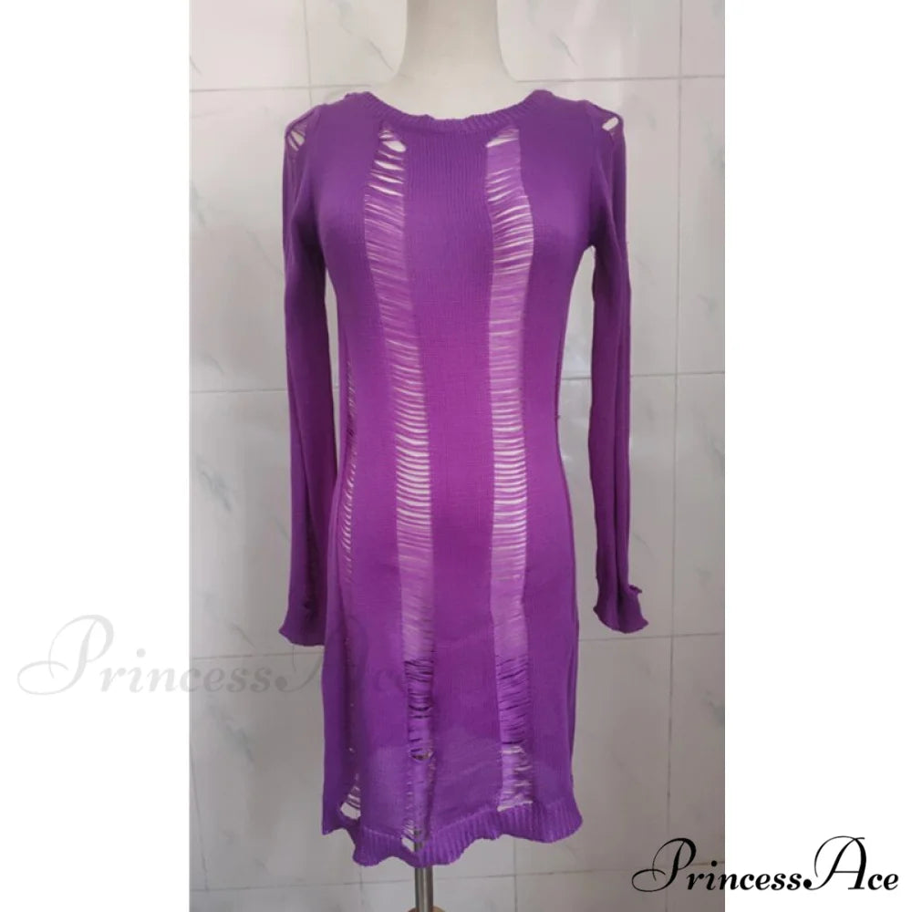 Party Out Tassel Coastal Y2K Long T Arm Hollow Club Blouse Outfits Backless Knitted Women Tee Warm-Season Top Purple / S