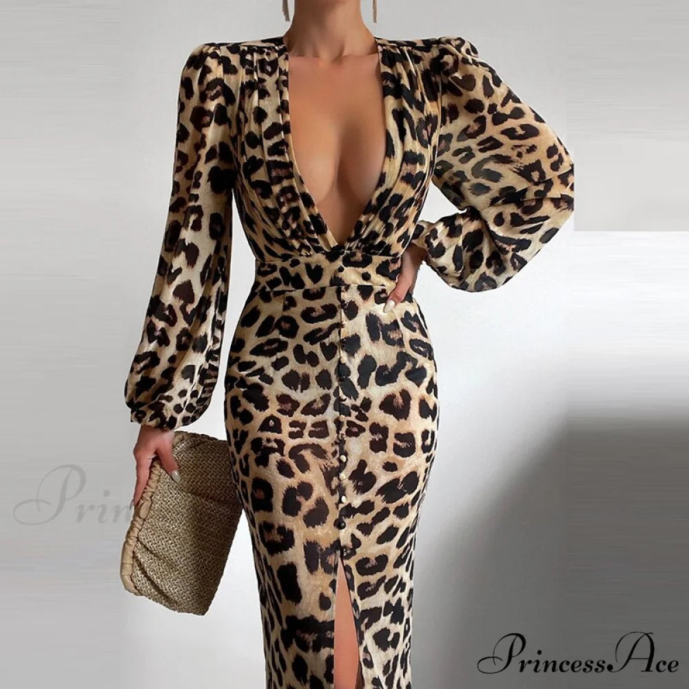 Party Slit - Design with and Elegant Gown Full-Length V-Neck Women’s Dress Brown / S