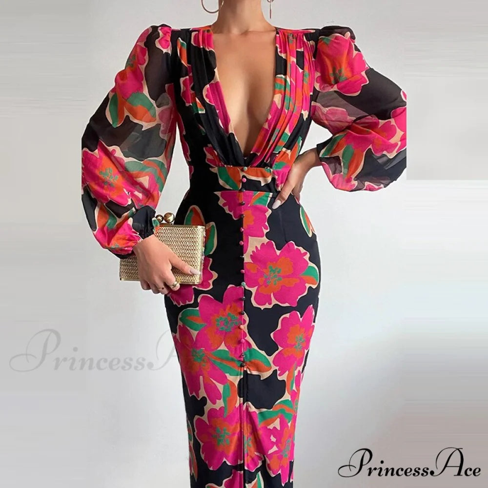 Party Slit - Design with and Elegant Gown Full-Length V-Neck Women’s Dress Red-Black / S