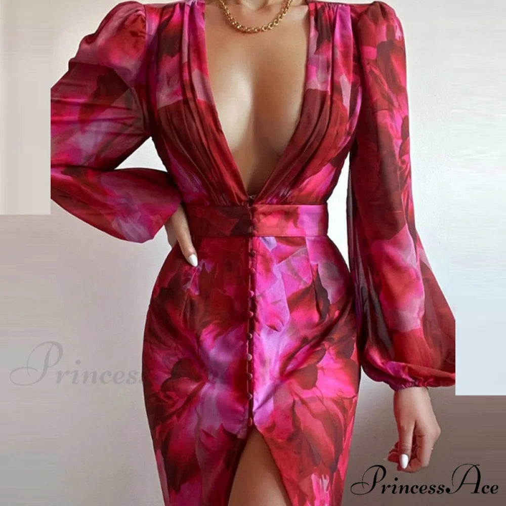 Party Slit - Design with and Elegant Gown Full-Length V-Neck Women’s Dress Red / S