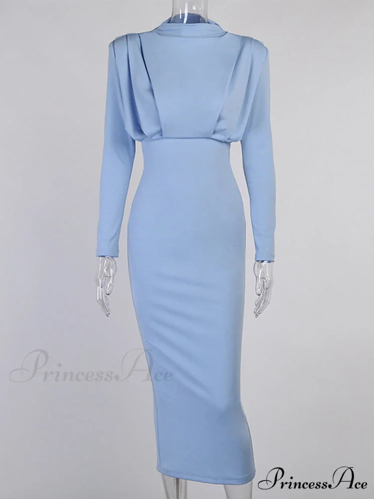 Party Solid Stand Neckline Blue Waist Long Women’s Autumn Slim Elegant Arm Ankle Length Dress