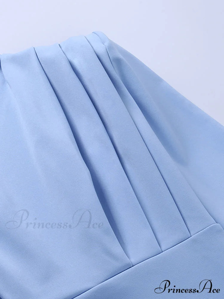 Party Solid Stand Neckline Blue Waist Long Women’s Autumn Slim Elegant Arm Ankle Length Dress