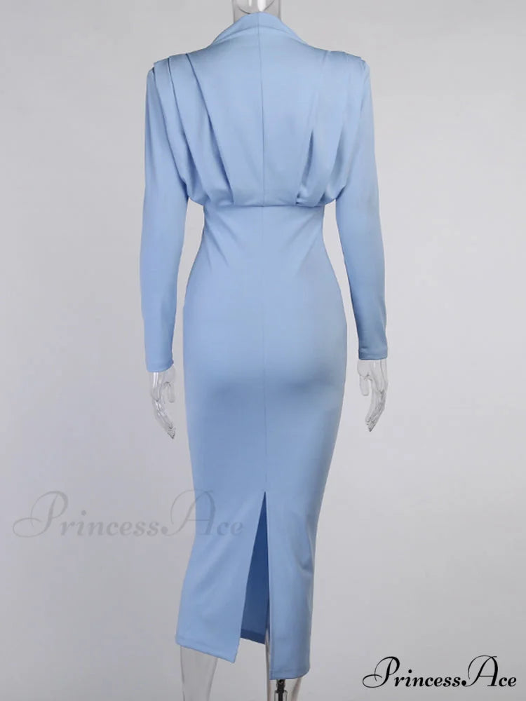 Party Solid Stand Neckline Blue Waist Long Women’s Autumn Slim Elegant Arm Ankle Length Dress