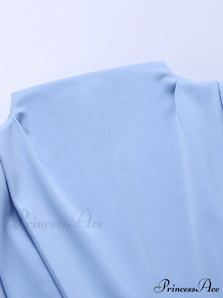 Party Solid Stand Neckline Blue Waist Long Women’s Autumn Slim Elegant Arm Ankle Length Dress