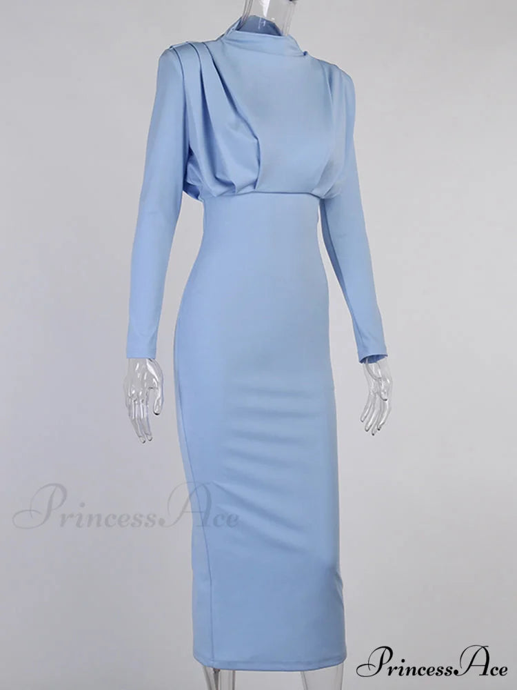 Party Solid Stand Neckline Blue Waist Long Women’s Autumn Slim Elegant Arm Ankle Length Dress