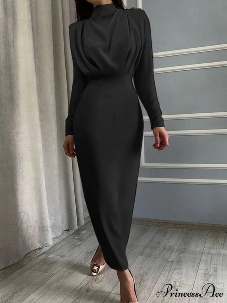 Party Solid Stand Neckline Blue Waist Long Women’s Autumn Slim Elegant Arm Ankle Length Dress Black / S