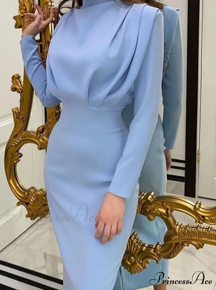 Party Solid Stand Neckline Blue Waist Long Women’s Autumn Slim Elegant Arm Ankle Length Dress Blue / S
