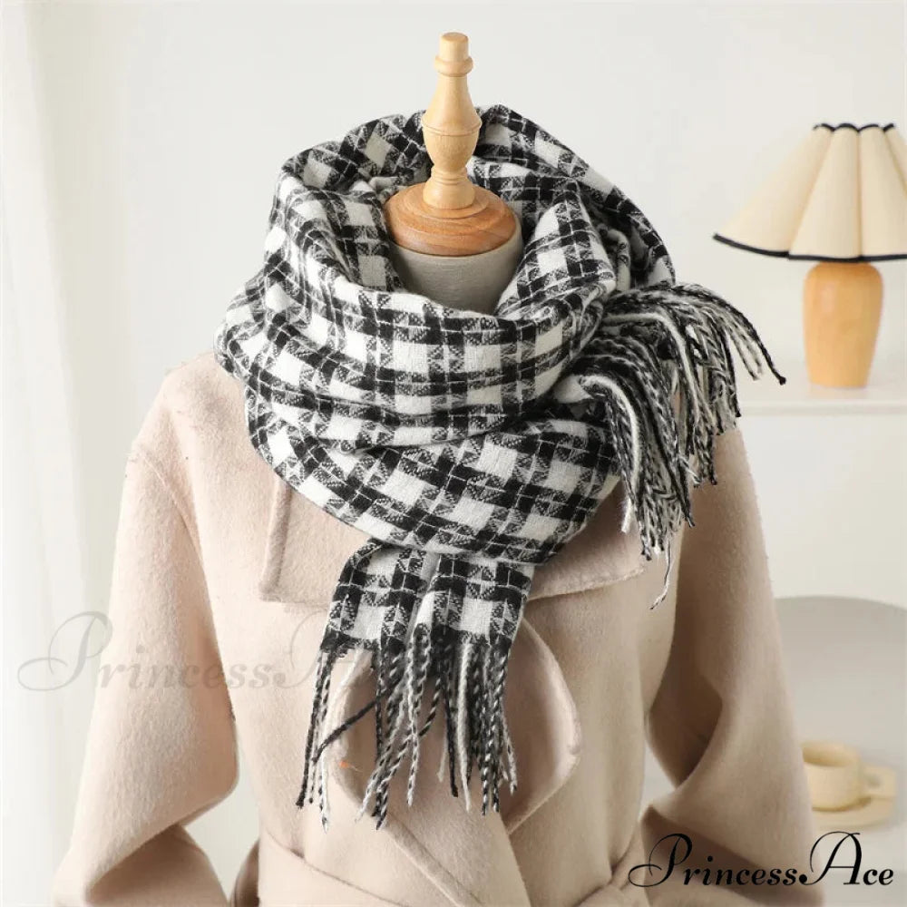 Pashmina Tassel Plaid Cashmere-Like Warm Shawl Scarf BLACK