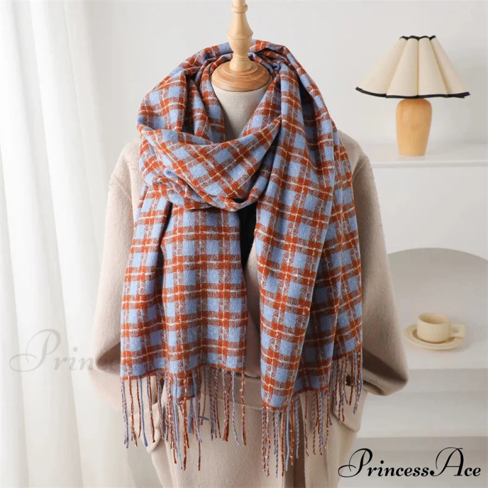Pashmina Tassel Plaid Cashmere-Like Warm Shawl Scarf BLUE