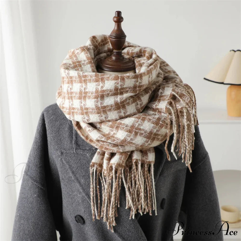 Pashmina Tassel Plaid Cashmere-Like Warm Shawl Scarf DARK KHAKI