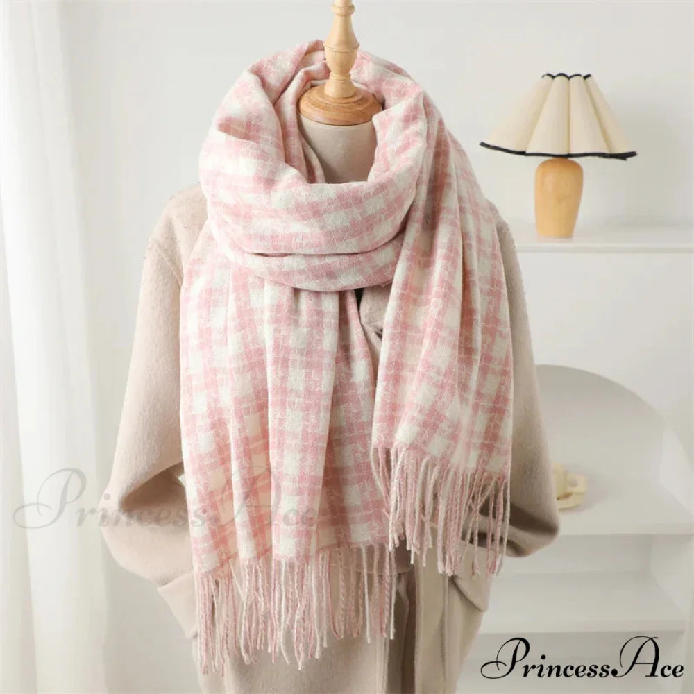 Pashmina Tassel Plaid Cashmere-Like Warm Shawl Scarf LIGHT PINK