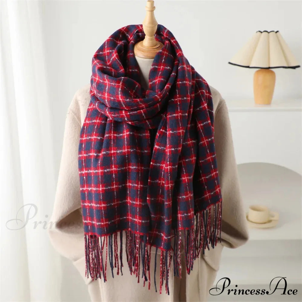 Pashmina Tassel Plaid Cashmere-Like Warm Shawl Scarf RED