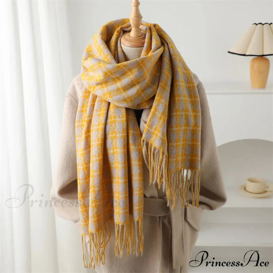 Pashmina Tassel Plaid Cashmere-Like Warm Shawl Scarf YELLOW