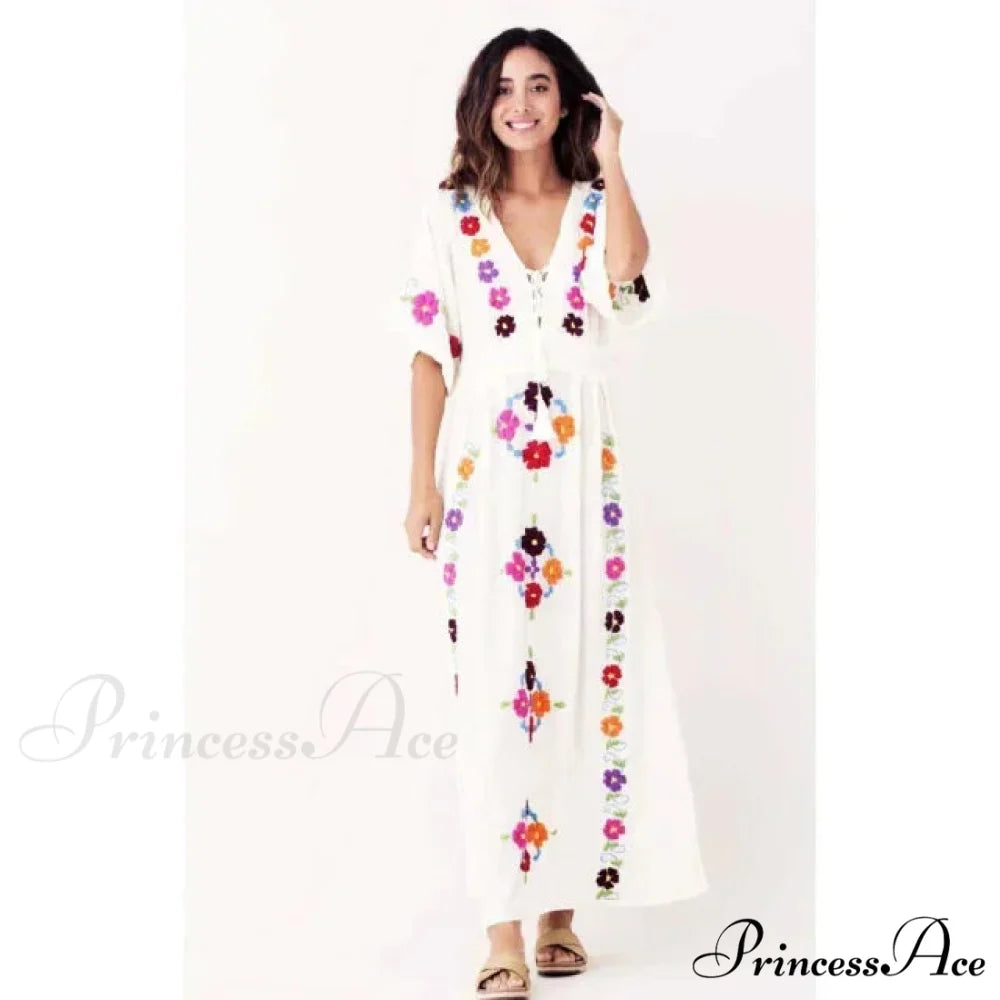 Passionate Floral Stitching Ivory Cotton Boho Dress bohodress-250126