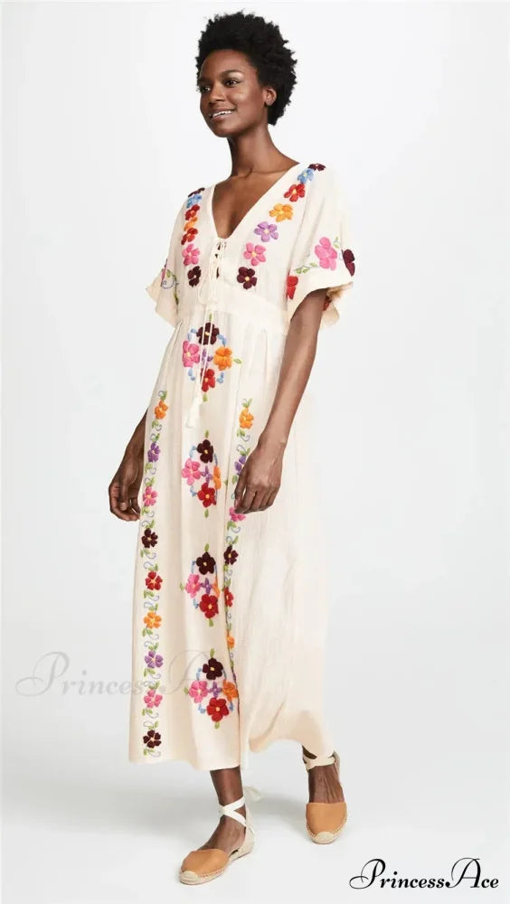Passionate Floral Stitching Ivory Cotton Boho Dress bohodress-250126