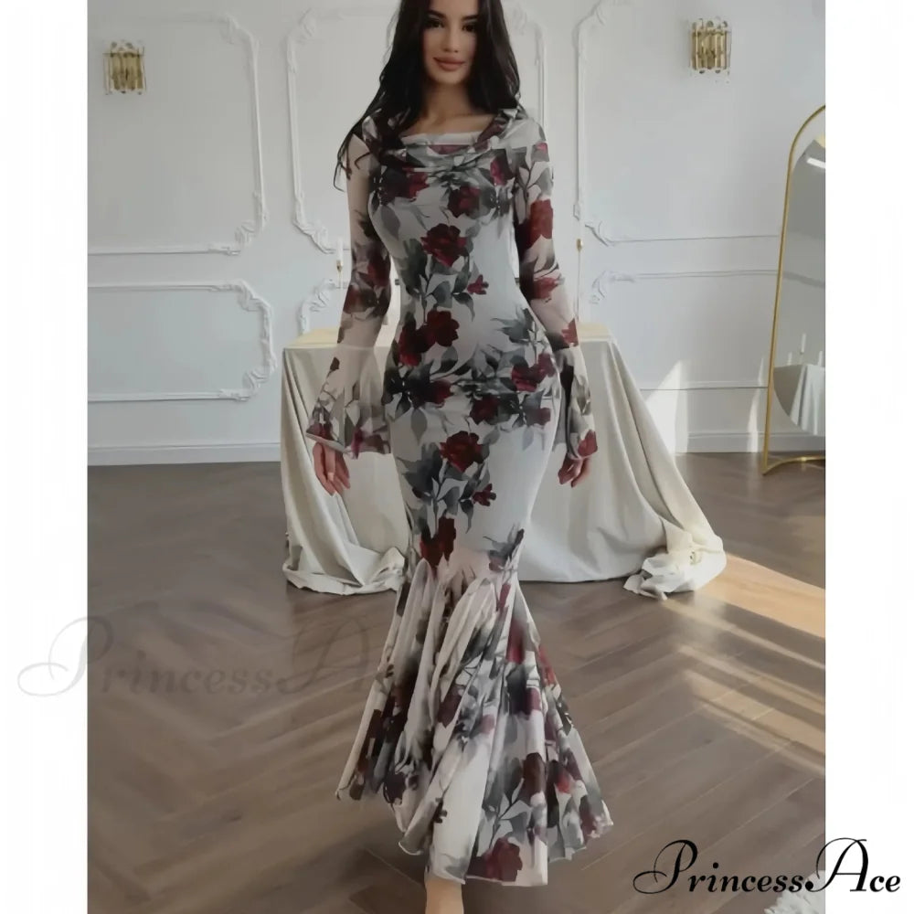 Passionate French Botanical Patterned Long Sleeve Botanical Dress floraldress-250126