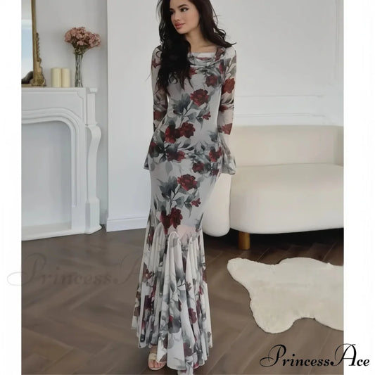 Passionate French Botanical Patterned Long Sleeve Botanical Dress floraldress-250126