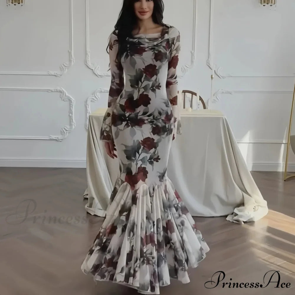 Passionate French Botanical Patterned Long Sleeve Botanical Dress gray / S floraldress-250126