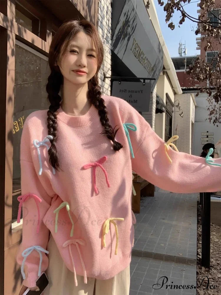 Pastel Elegant Bow Sweater Pink / One Size