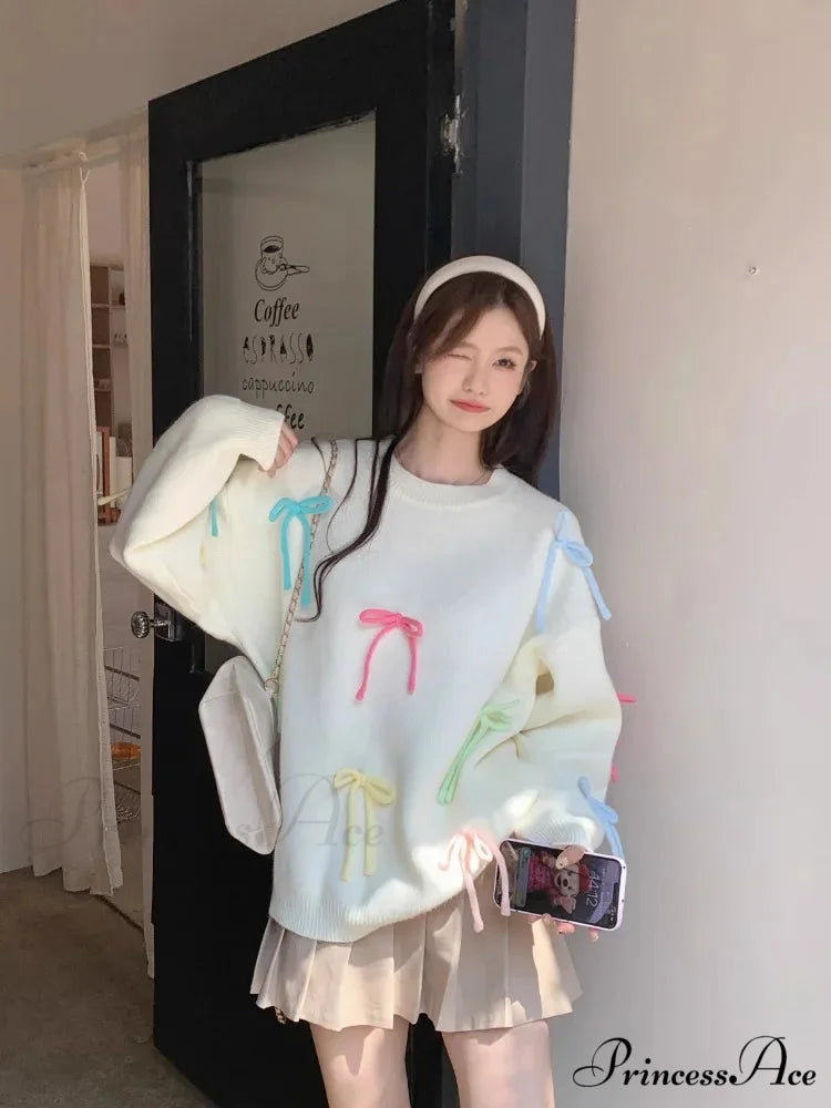 Pastel Elegant Bow Sweater WHITE / One Size