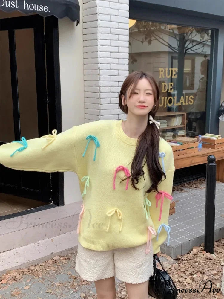 Pastel Elegant Bow Sweater Yellow / One Size