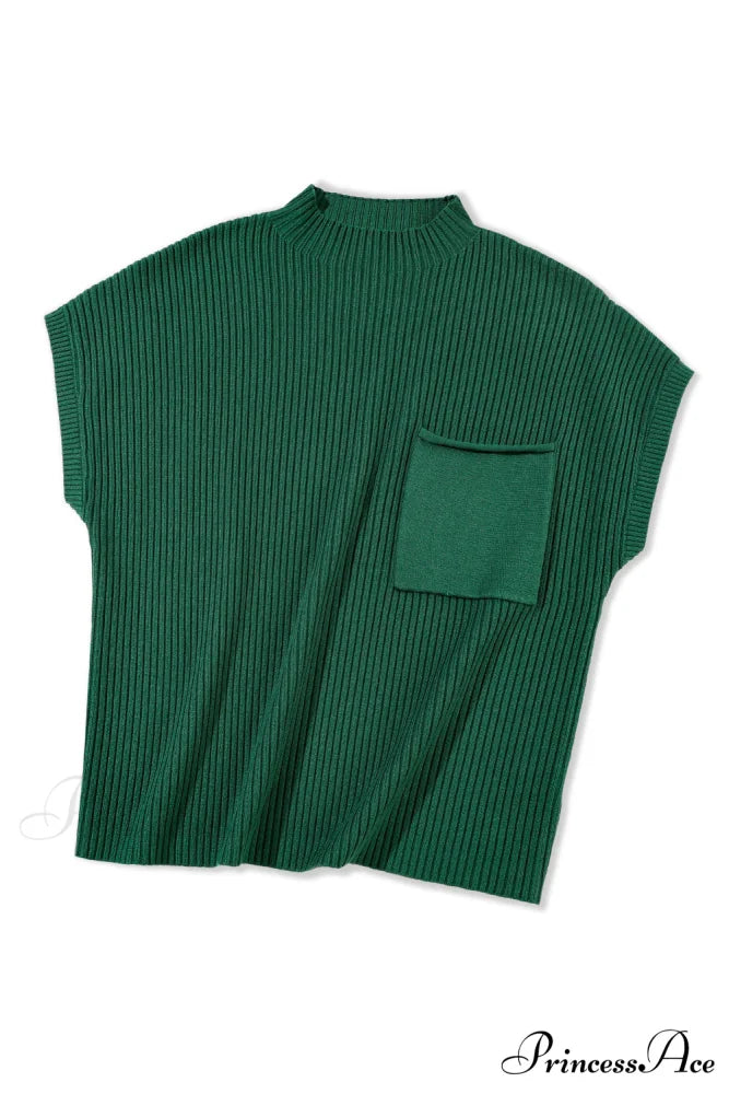 Patch Ribbed Knit Pocket Arm Black Brief Green Sweater