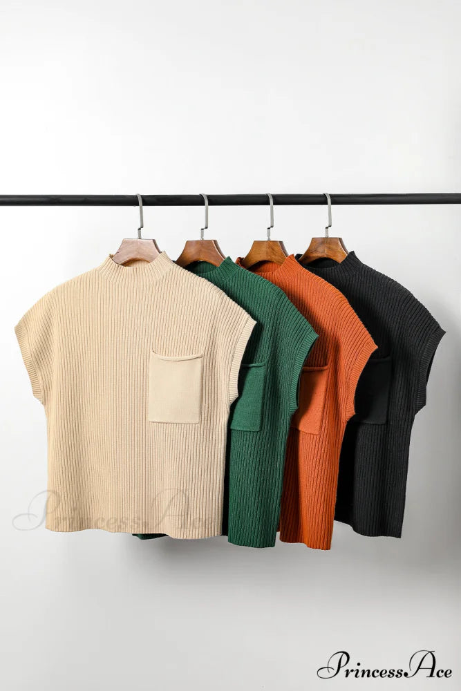 Patch Ribbed Knit Pocket Arm Black Brief Green Sweater