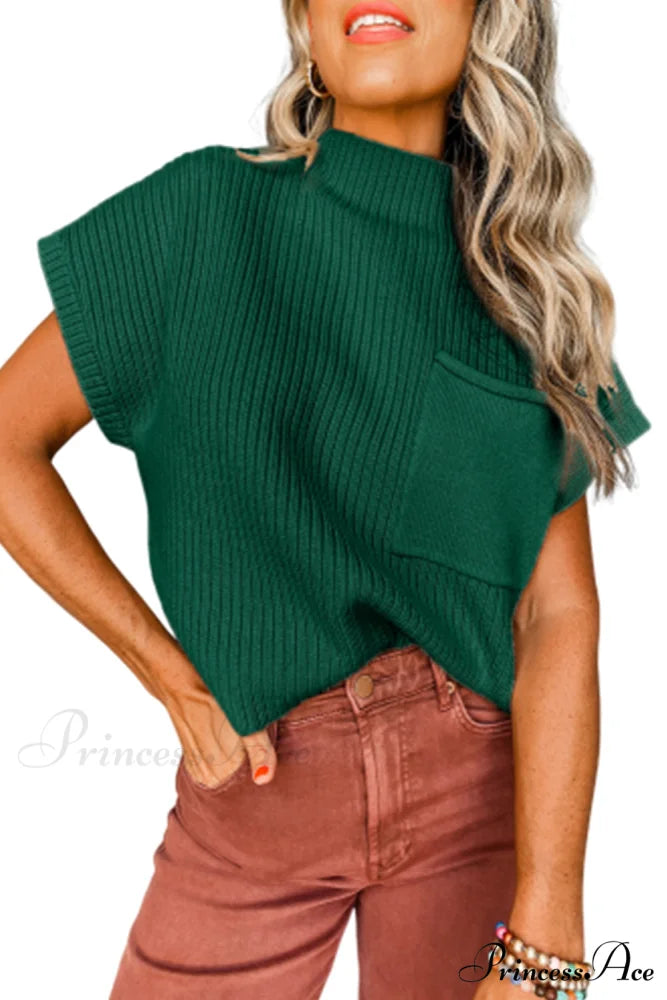 Patch Ribbed Knit Pocket Arm Black Brief Green Sweater