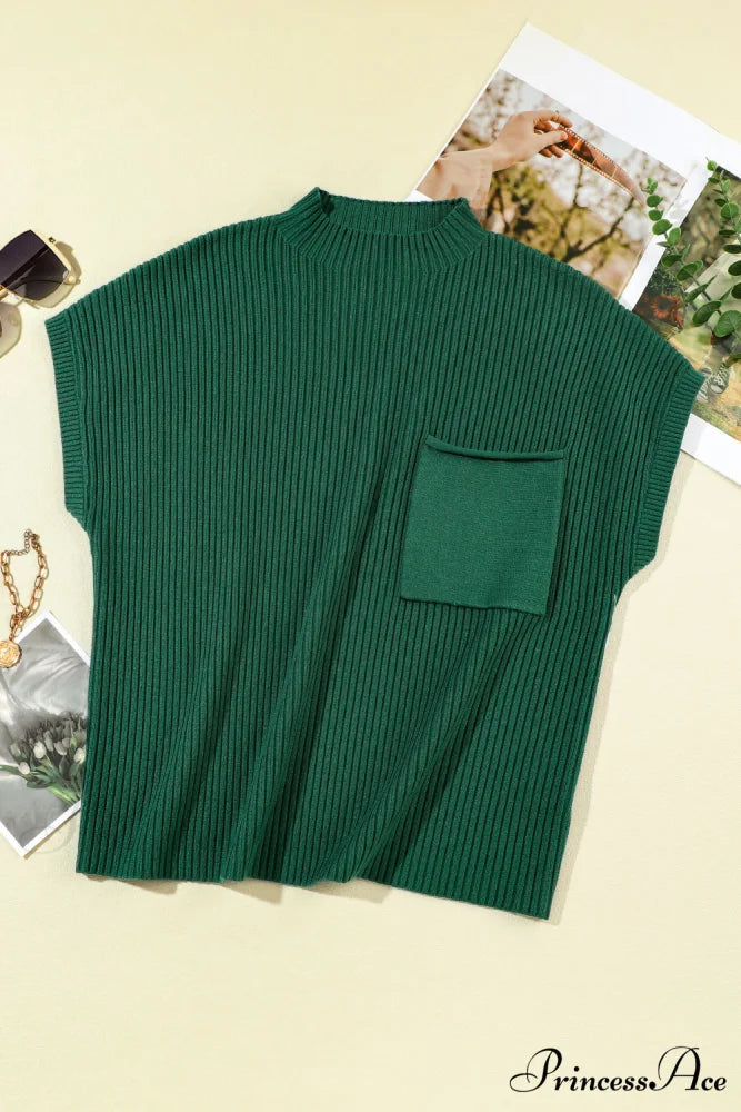 Patch Ribbed Knit Pocket Arm Black Brief Green Sweater