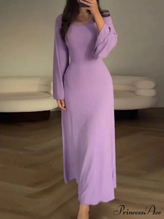 Patchwork Bandaged Round-necked Slim-fitted Long-sleeved Street-ready Ankle-length Maxi Dress