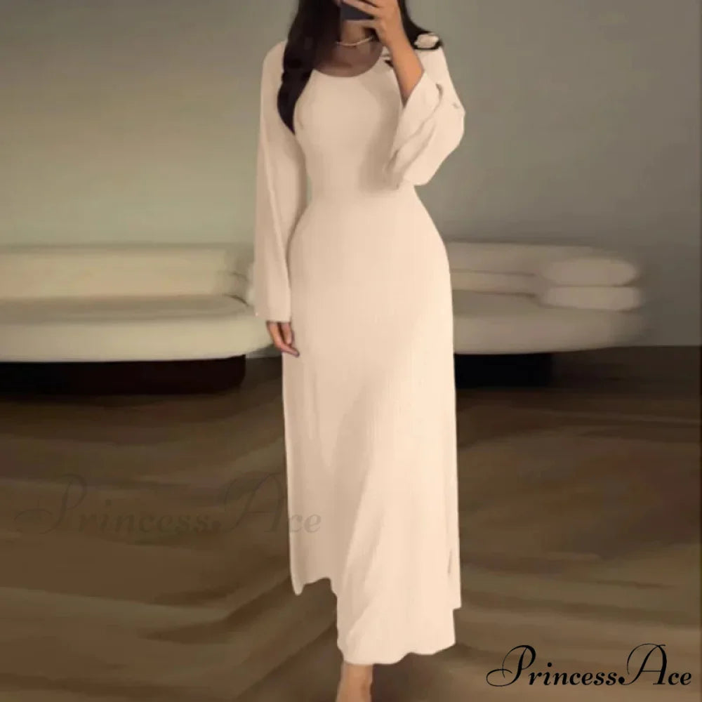 Patchwork Bandaged Round-necked Slim-fitted Long-sleeved Street-ready Ankle-length Maxi Dress Apricot / S