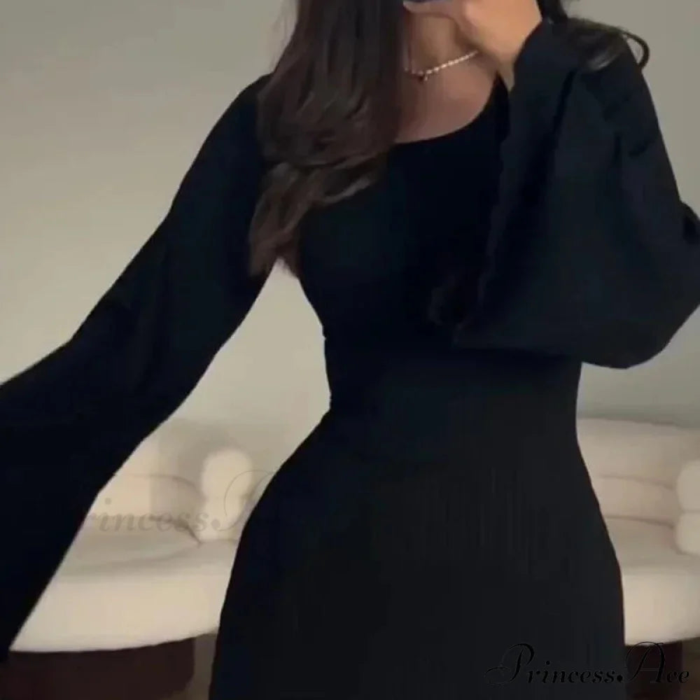 Patchwork Bandaged Round-necked Slim-fitted Long-sleeved Street-ready Ankle-length Maxi Dress BLACK / S