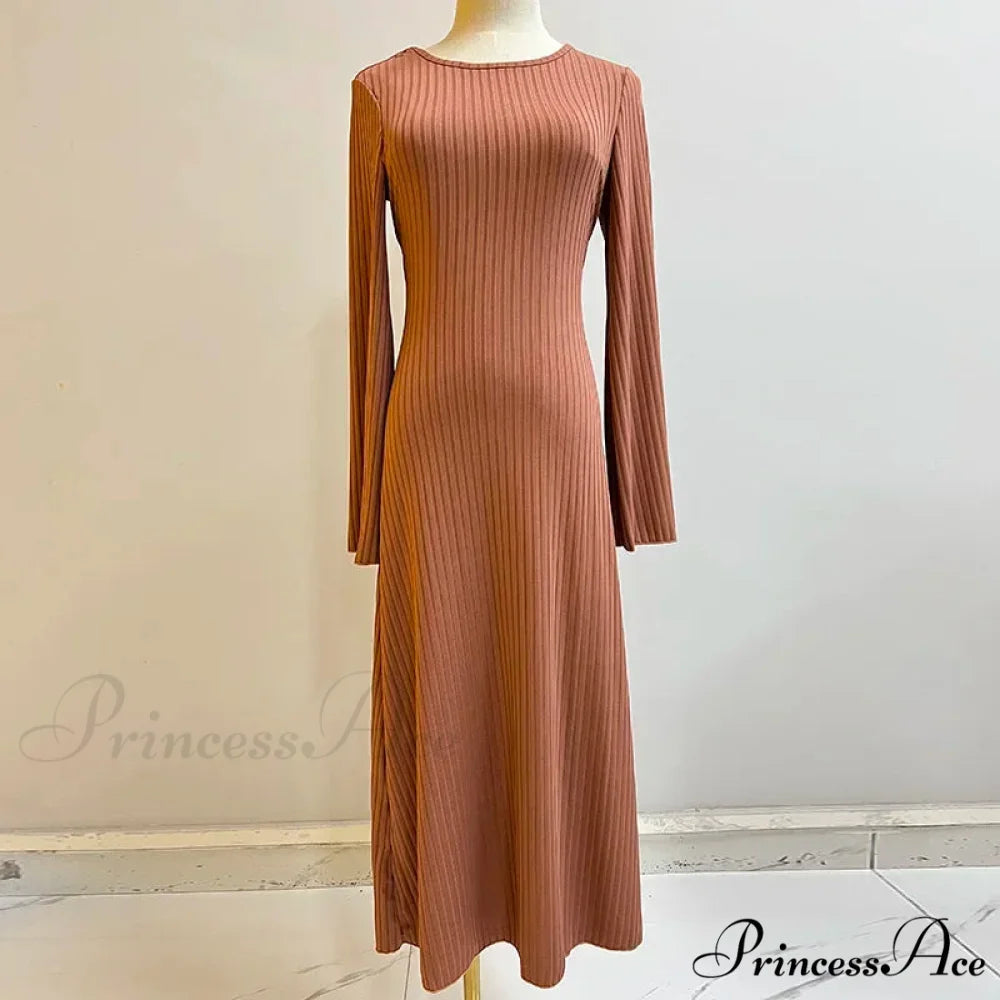 Patchwork Bandaged Round-necked Slim-fitted Long-sleeved Street-ready Ankle-length Maxi Dress BROWN / S