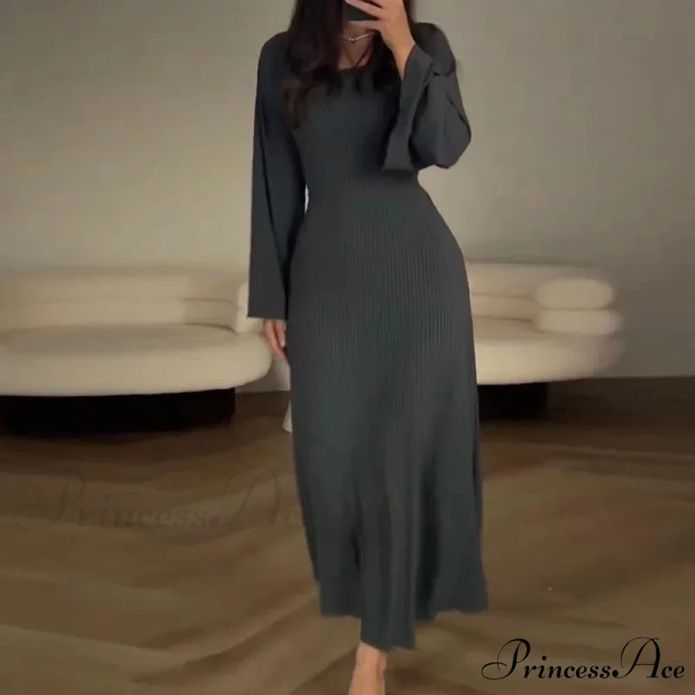 Patchwork Bandaged Round-necked Slim-fitted Long-sleeved Street-ready Ankle-length Maxi Dress Dark Gray / S