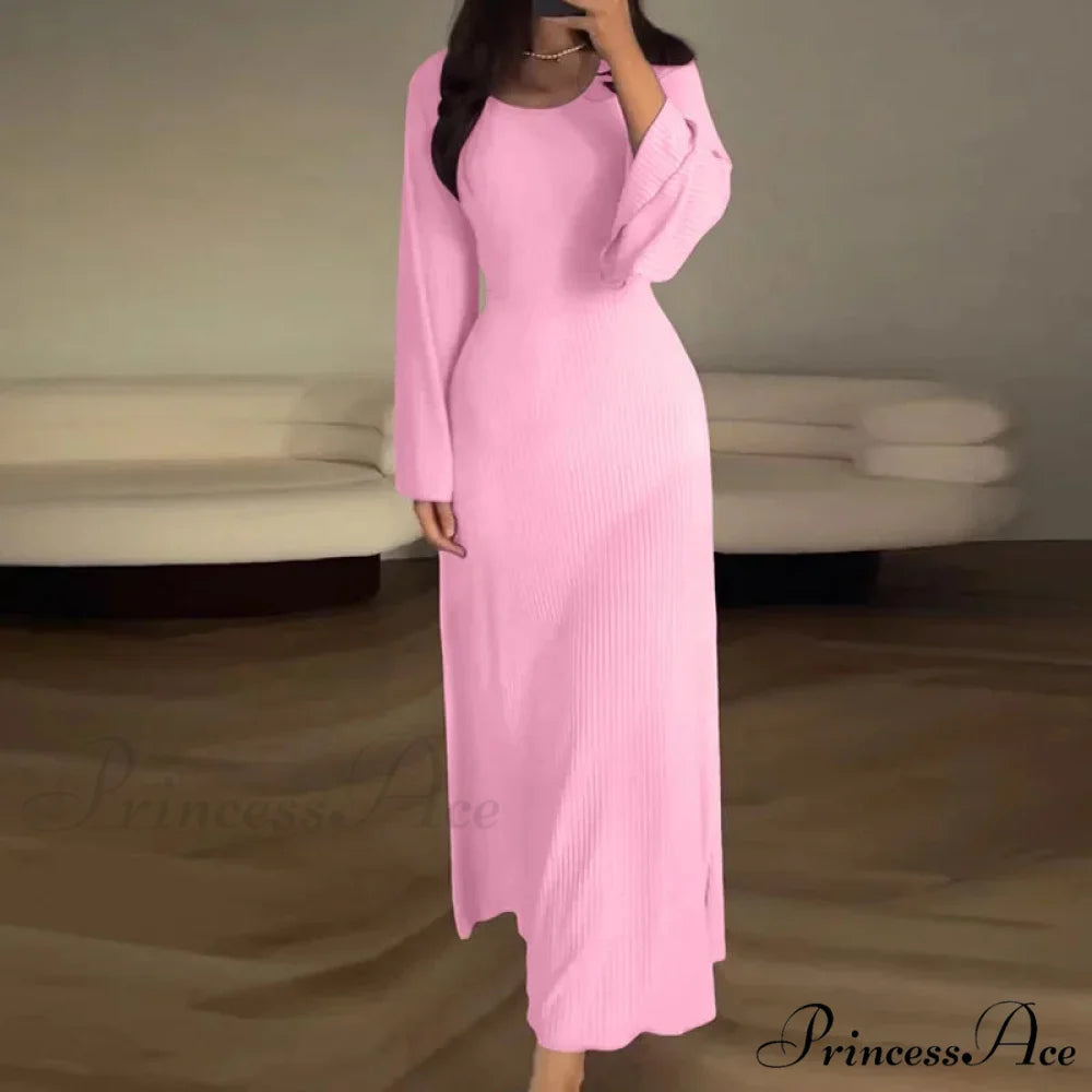 Patchwork Bandaged Round-necked Slim-fitted Long-sleeved Street-ready Ankle-length Maxi Dress PINK / S