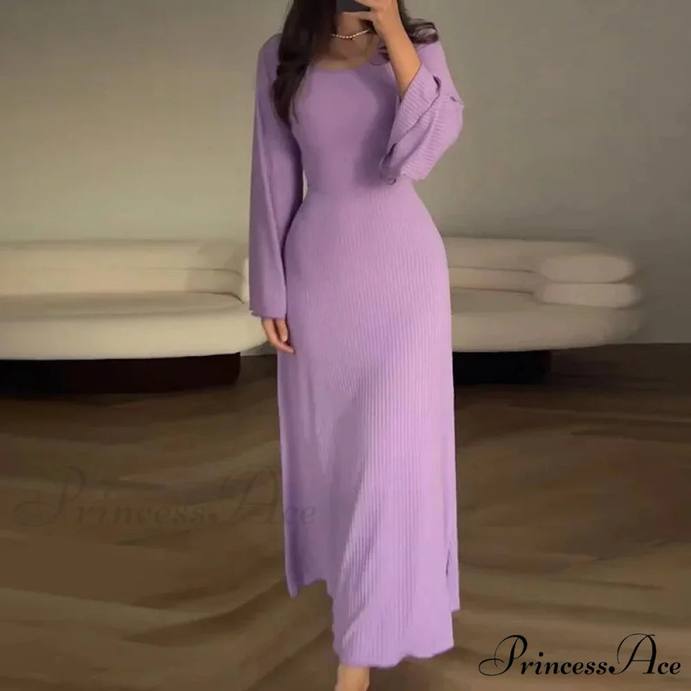 Patchwork Bandaged Round-necked Slim-fitted Long-sleeved Street-ready Ankle-length Maxi Dress PURPLE / S