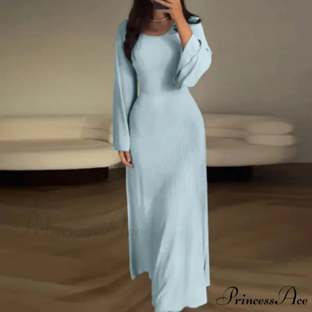 Patchwork Bandaged Round-necked Slim-fitted Long-sleeved Street-ready Ankle-length Maxi Dress Sky Blue / S