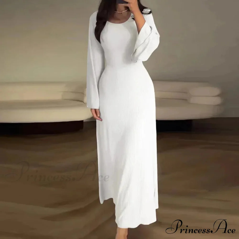 Patchwork Bandaged Round-necked Slim-fitted Long-sleeved Street-ready Ankle-length Maxi Dress WHITE / S