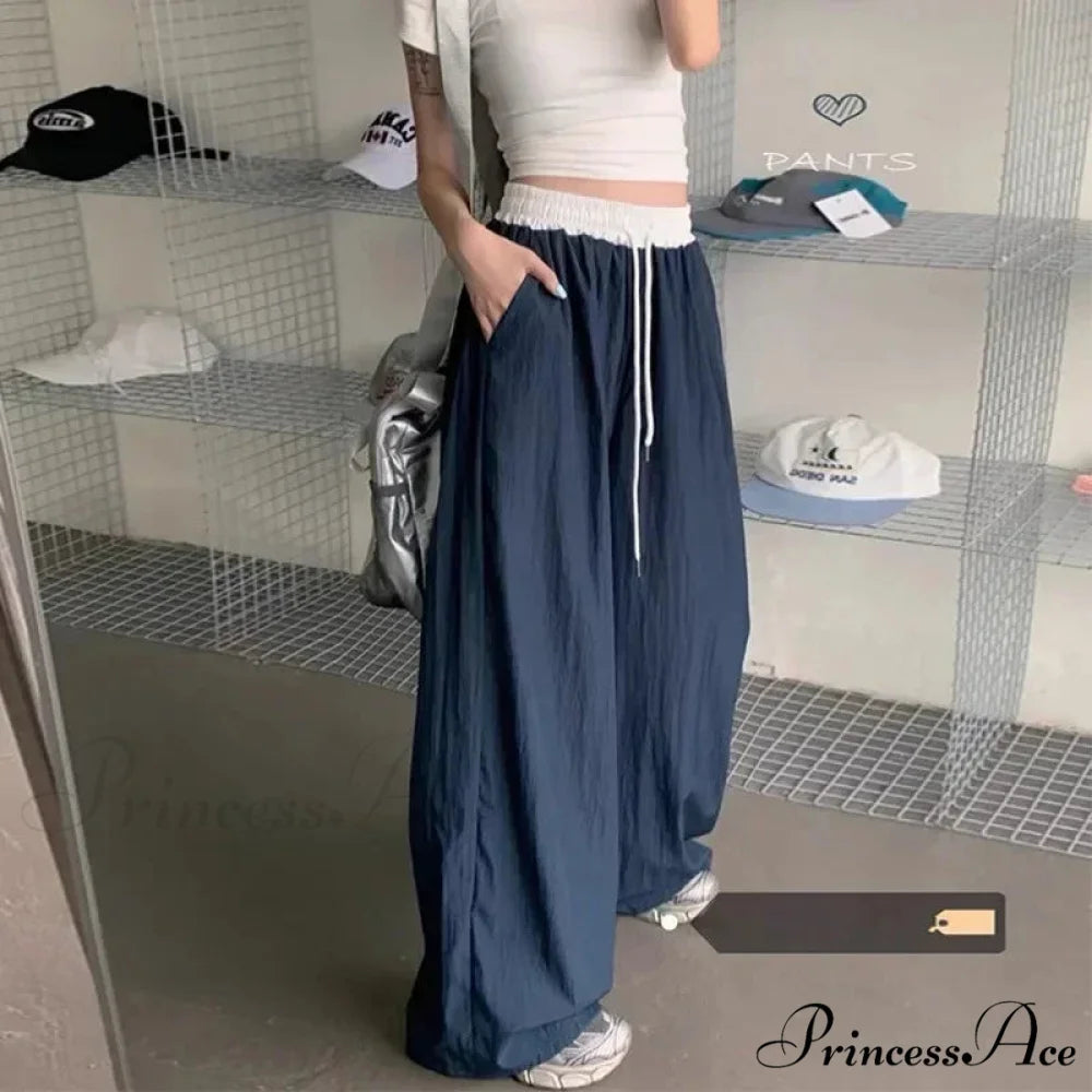 Patchwork Broad Leg Informal Drape Straight Pant DarkBlue / S pant-250223