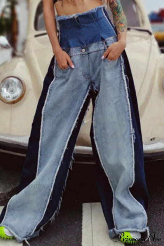 Patchwork Denim Waist High Jeans Blue / S