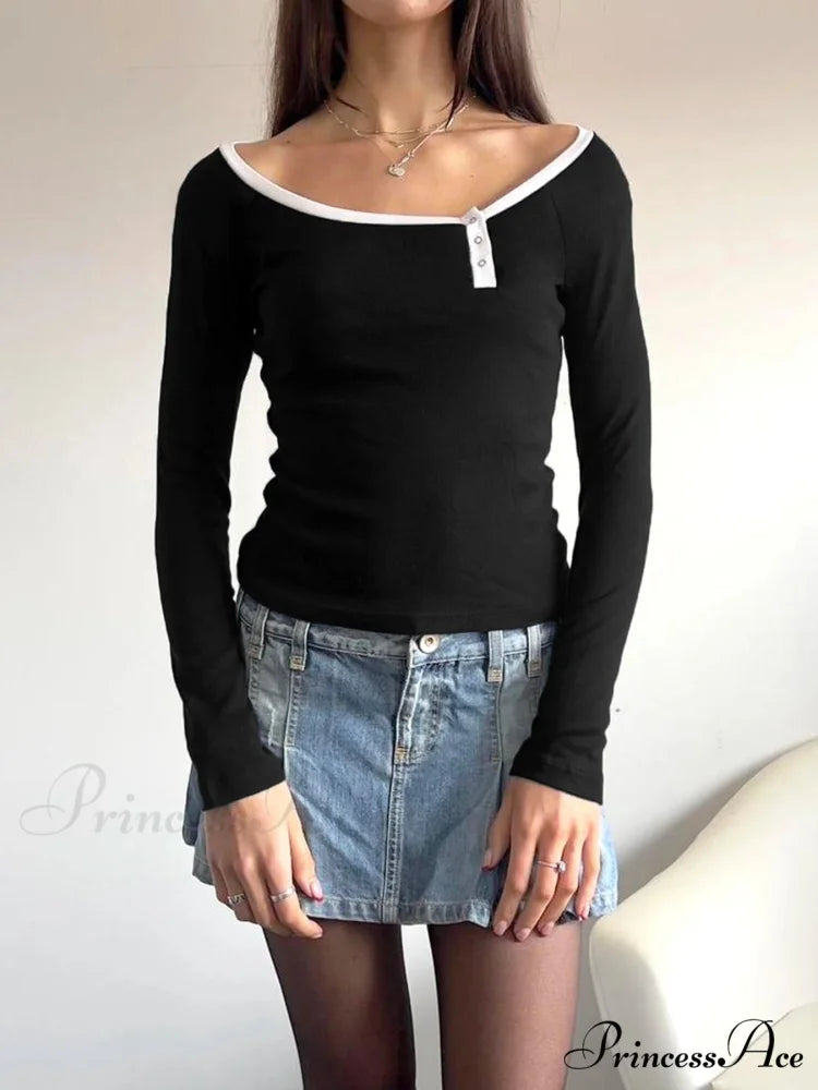 Patchwork Different Color Slim O-Neck Extended Sleeve Knit Top Black / S knittop-250126