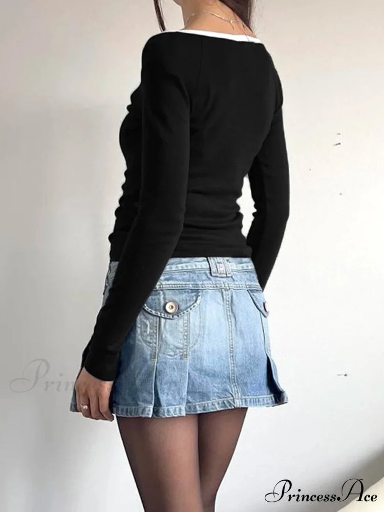 Patchwork Different Color Slim O-Neck Extended Sleeve Knit Top knittop-250126