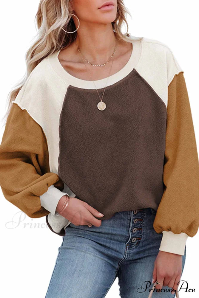 Patchwork Fleece Long Sleeve Sweatshirt Brown / S