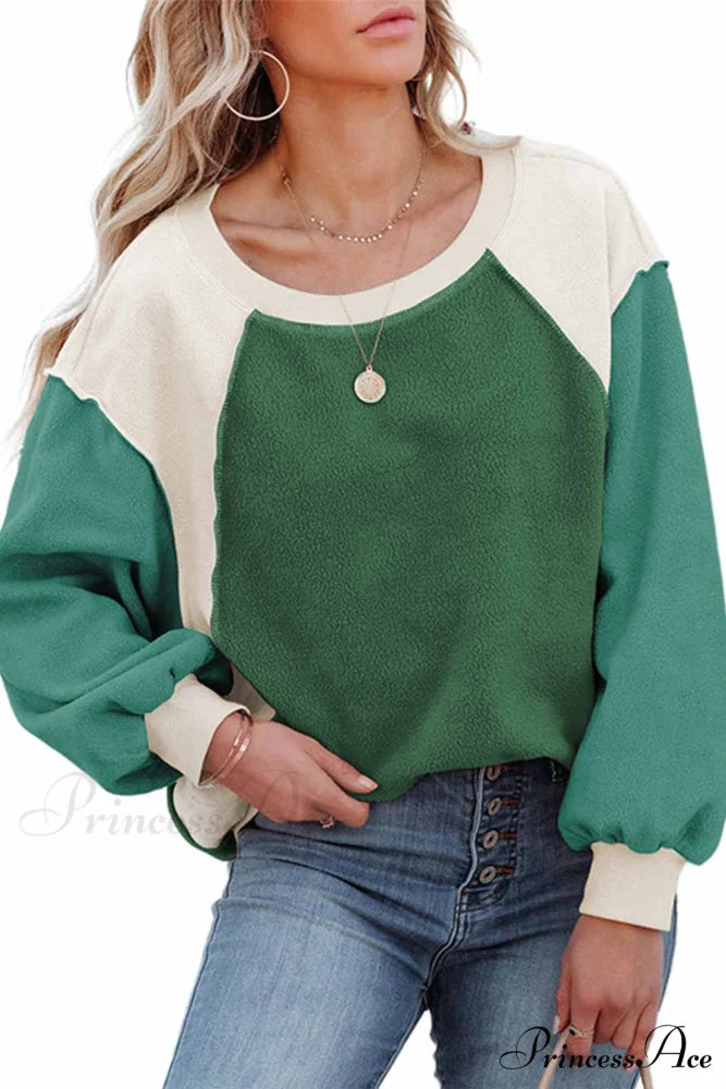 Patchwork Fleece Long Sleeve Sweatshirt Green / S
