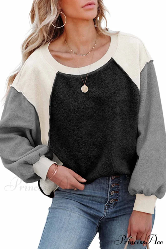 Patchwork Fleece Long Sleeve Sweatshirt Grey / S