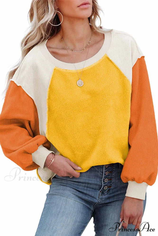 Patchwork Fleece Long Sleeve Sweatshirt Orange / S