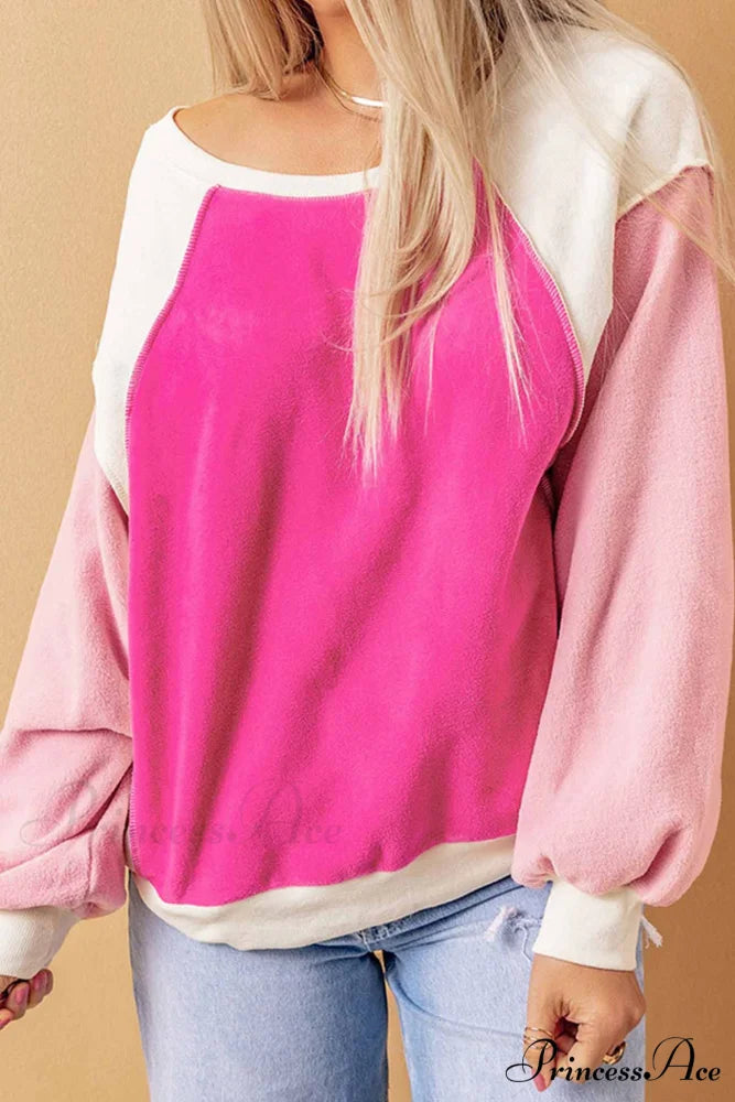 Patchwork Fleece Long Sleeve Sweatshirt Rose / L