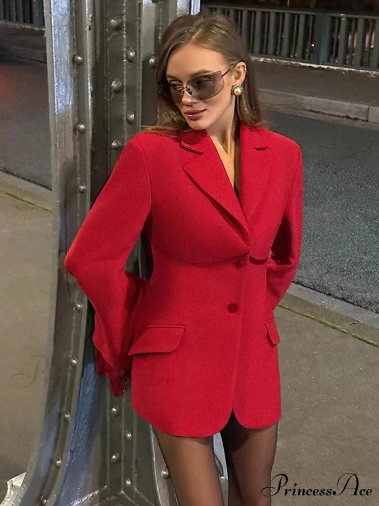 Patchwork Flounce Sleeve Jacket Red / S coats-241228