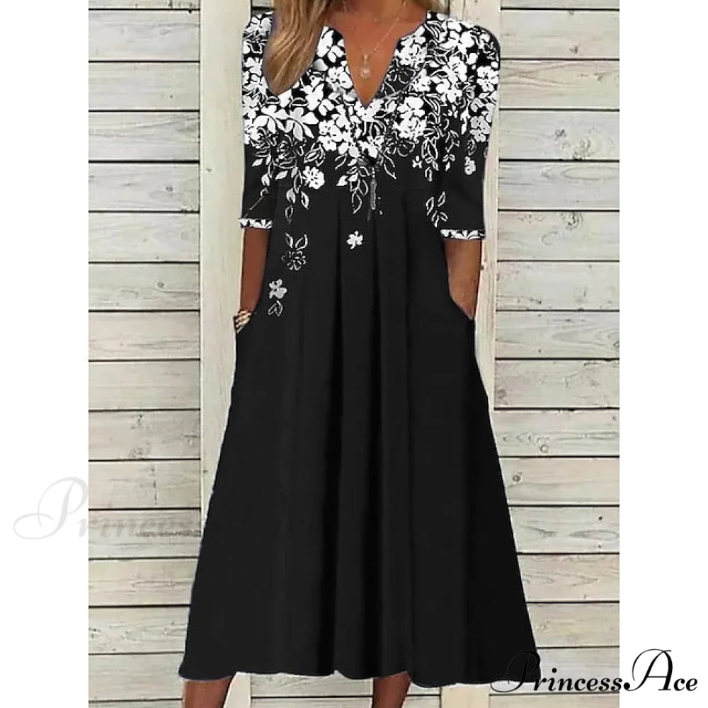 Patchwork Flowered Half Warm-Season 2XL Black Gown Blouse Casual M Shift Fashion Spring Midi L XL Women’s T Neck Crew